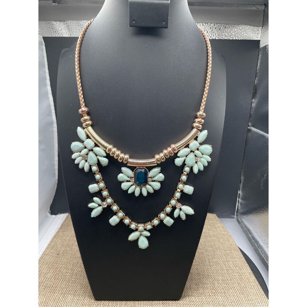 NY & Co Necklace Vintage Gold tone Light Blue Green Necklace Signed NY